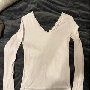 White Lace V-Neck  front and back Long Sleeve Top